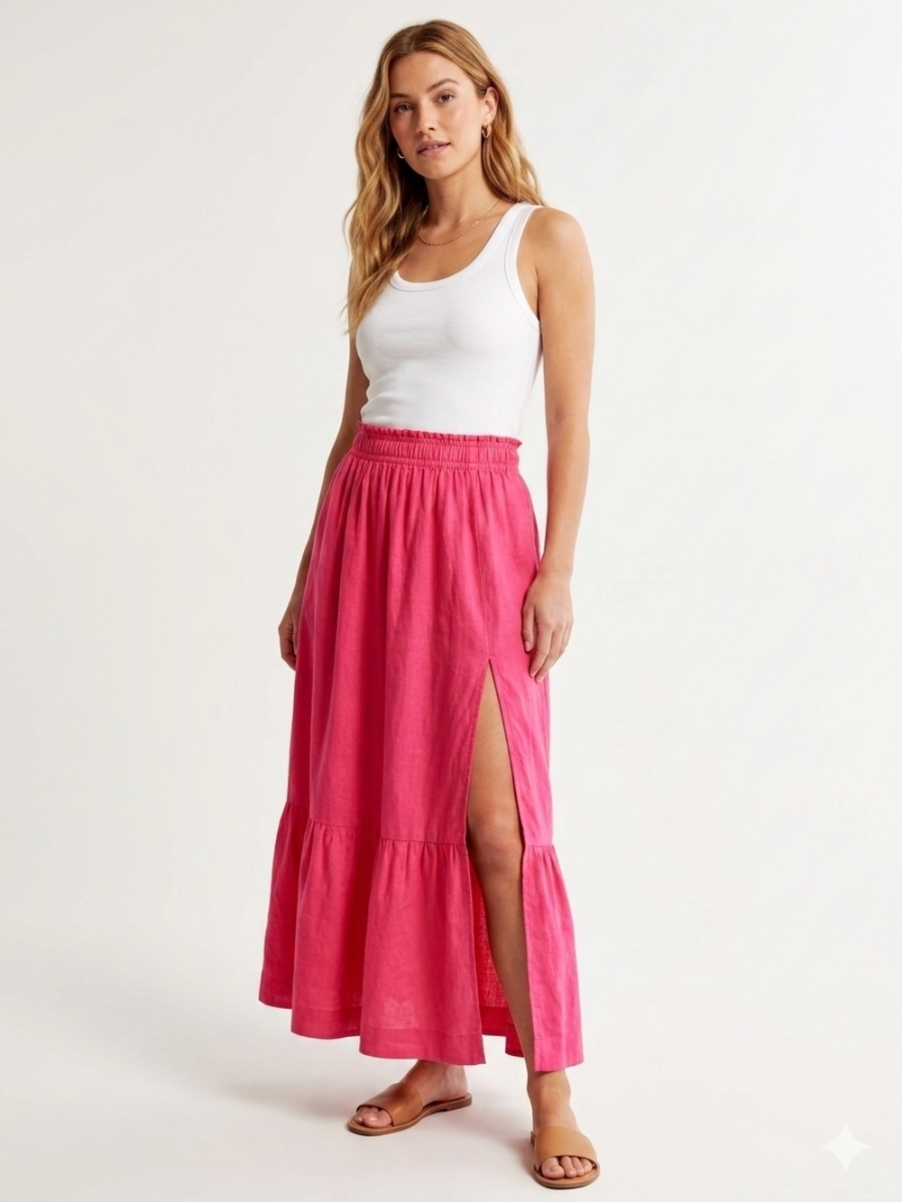 Abercrombie & Fitch Red Linen Blend Tiered Maxi Skirt Slit XS